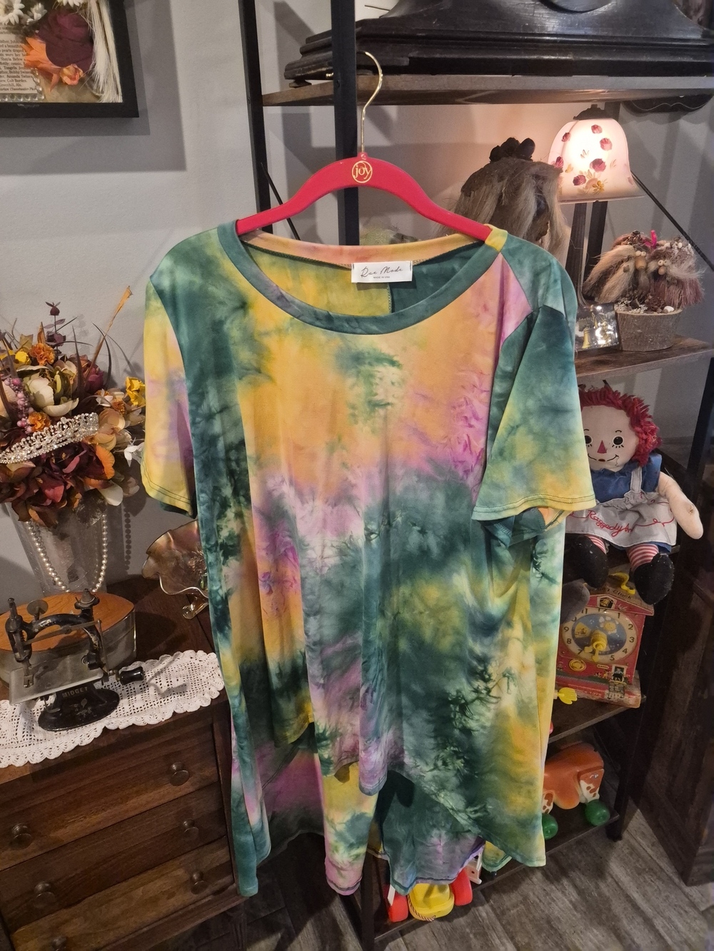 Tie-Dye Short Sleeve Tunic Top in Green, Yellow & Pink